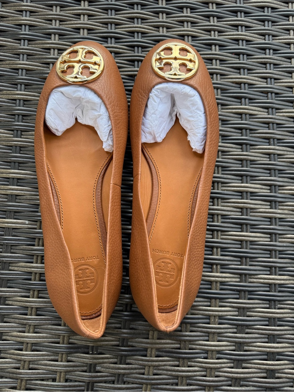 Tory Burch Chelsea Ballet Flats Royal Tan Gold Leather 7.5